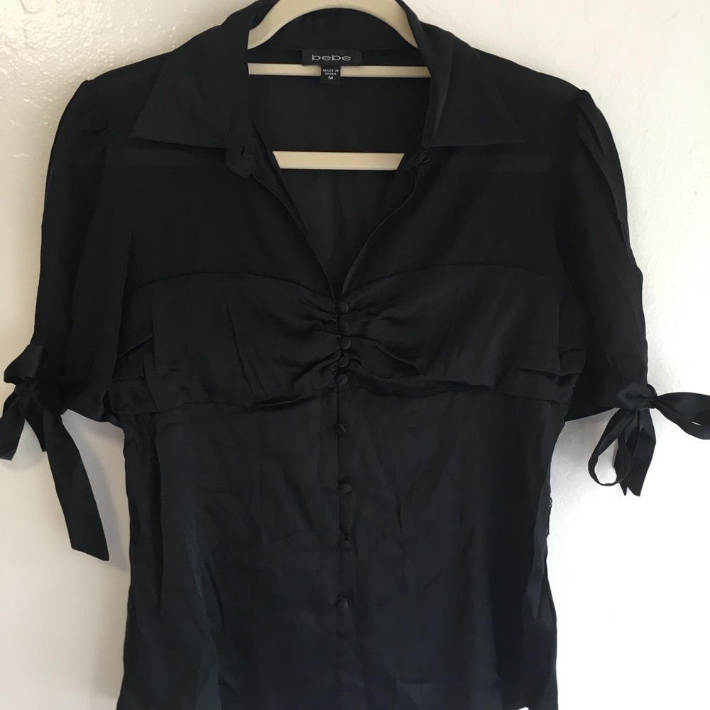 BEBE Mesh & Satin Button Up Blouse